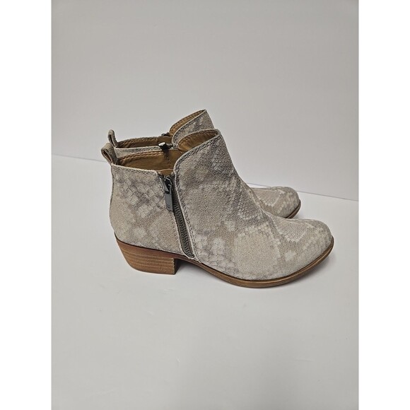 Lucky Brand Women's Grey Basel Leather Booties Gray Tan Green Snake Print 7M - Picture 3 of 11